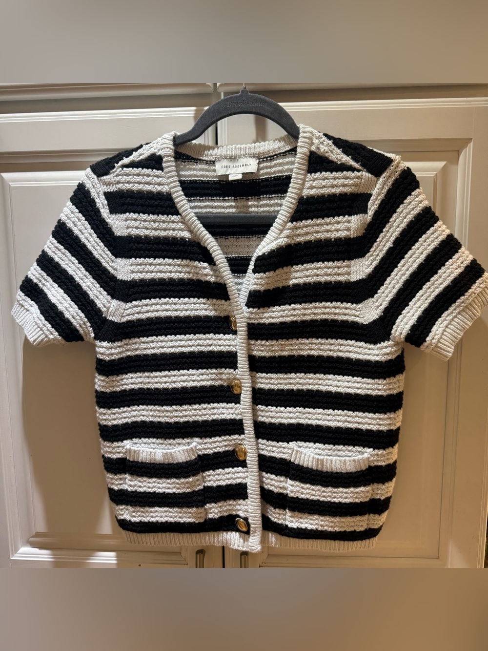 Free Assembly Black & White Striped Short-Sleeve Cardigan